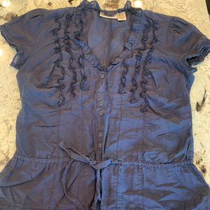 DKNY Navy Blue Petite Ruffle Top Size S